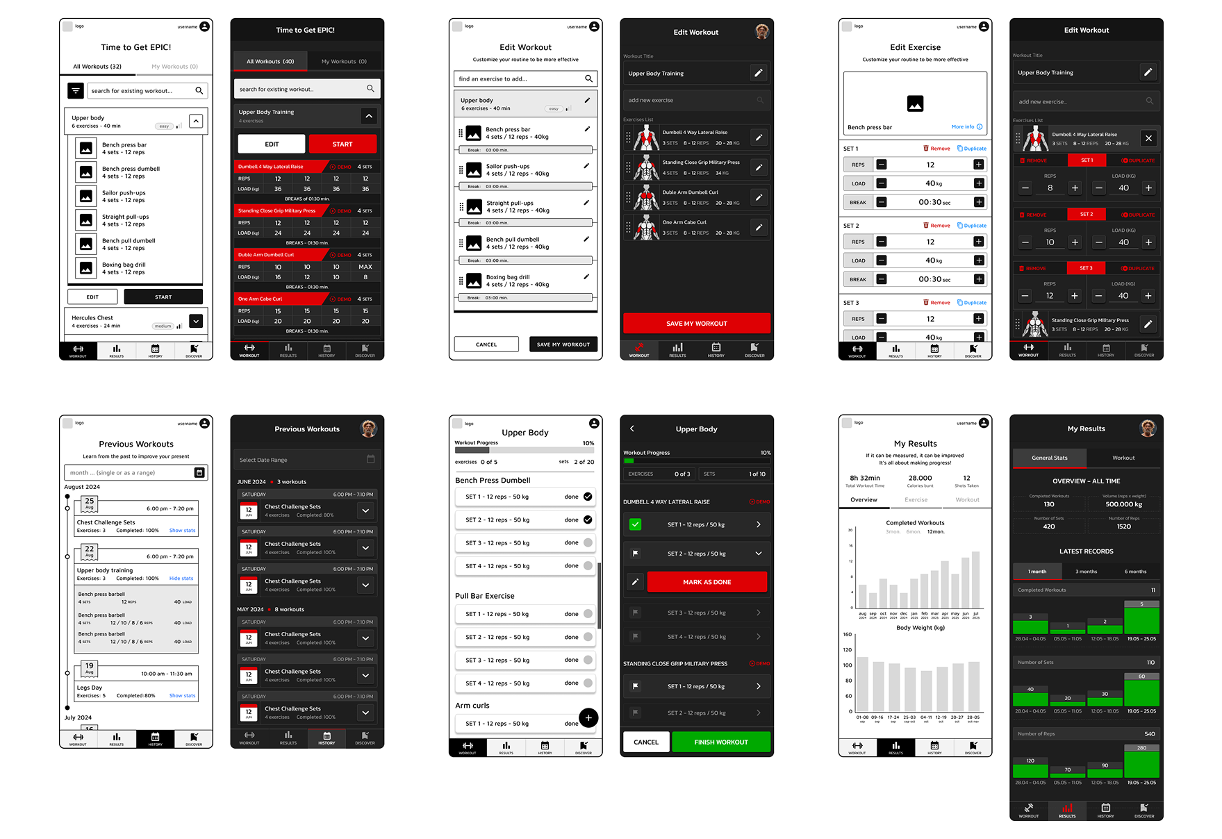 powerfit wireframes compared with the final high-fidelity screens
