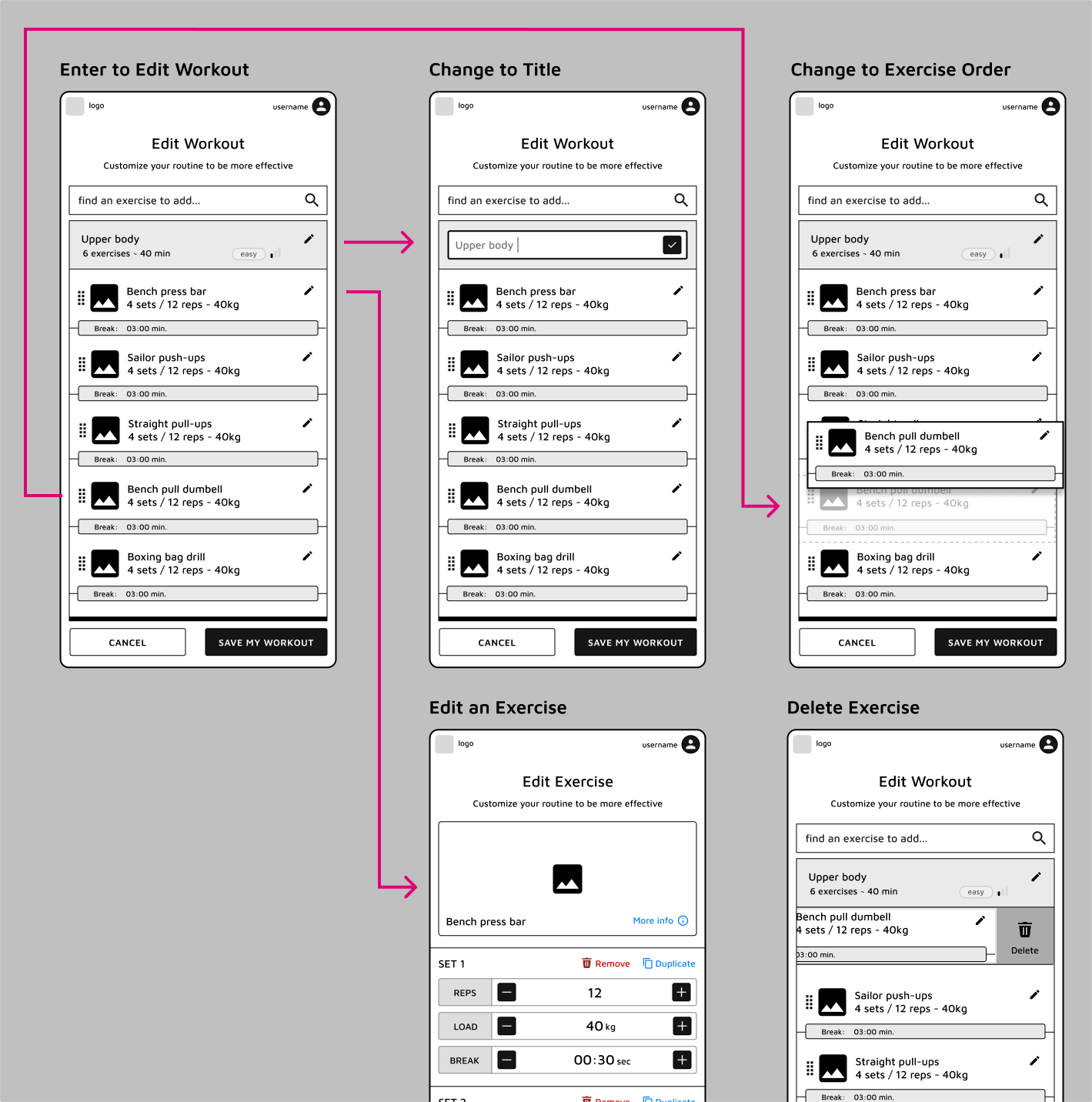 powerfit edit and create workout flow: edit workout, change title, reorder exercises, edit exercise, delete exercise