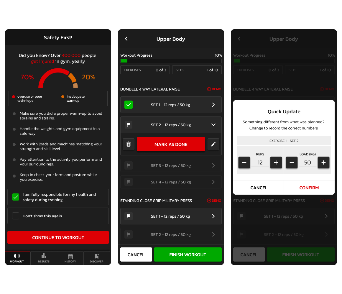 powerfit running a workout: safety reminder screen, live set tracking and quick update dialog