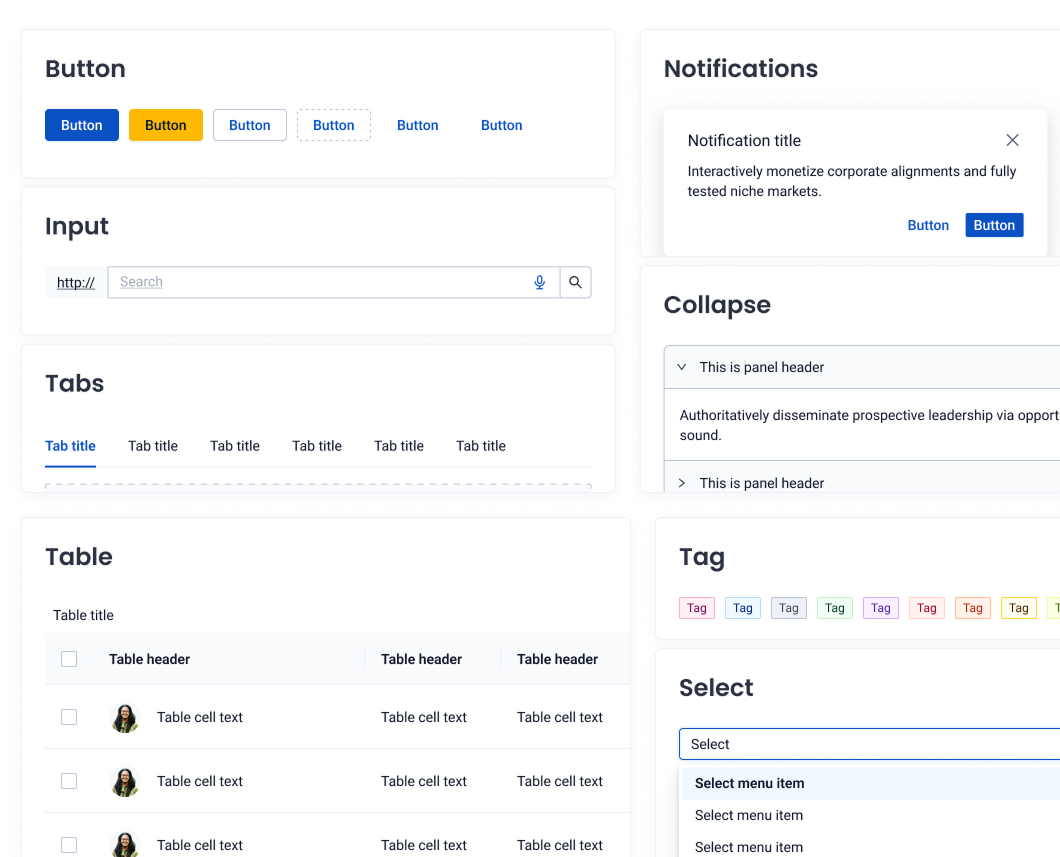 design system component library: buttons, inputs, tabs, table, notifications, collapse, tags and select